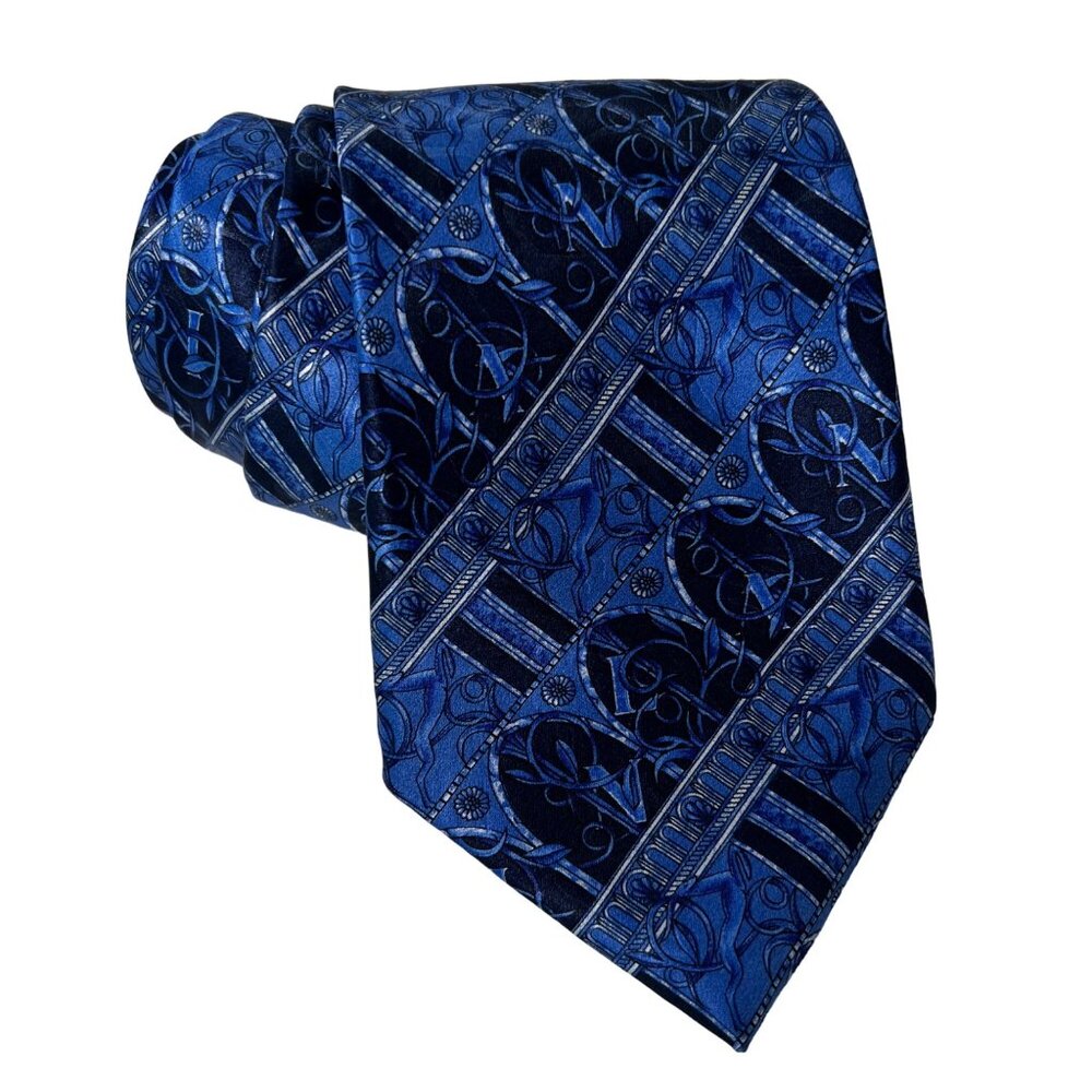 Lanvin Neck Tie Art Deco Monogram 100% Silk Blue & Black
